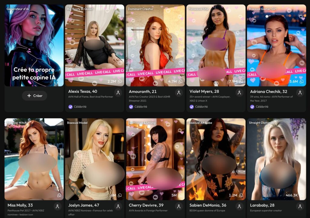 Selection of virtual celebrities on Joi AI