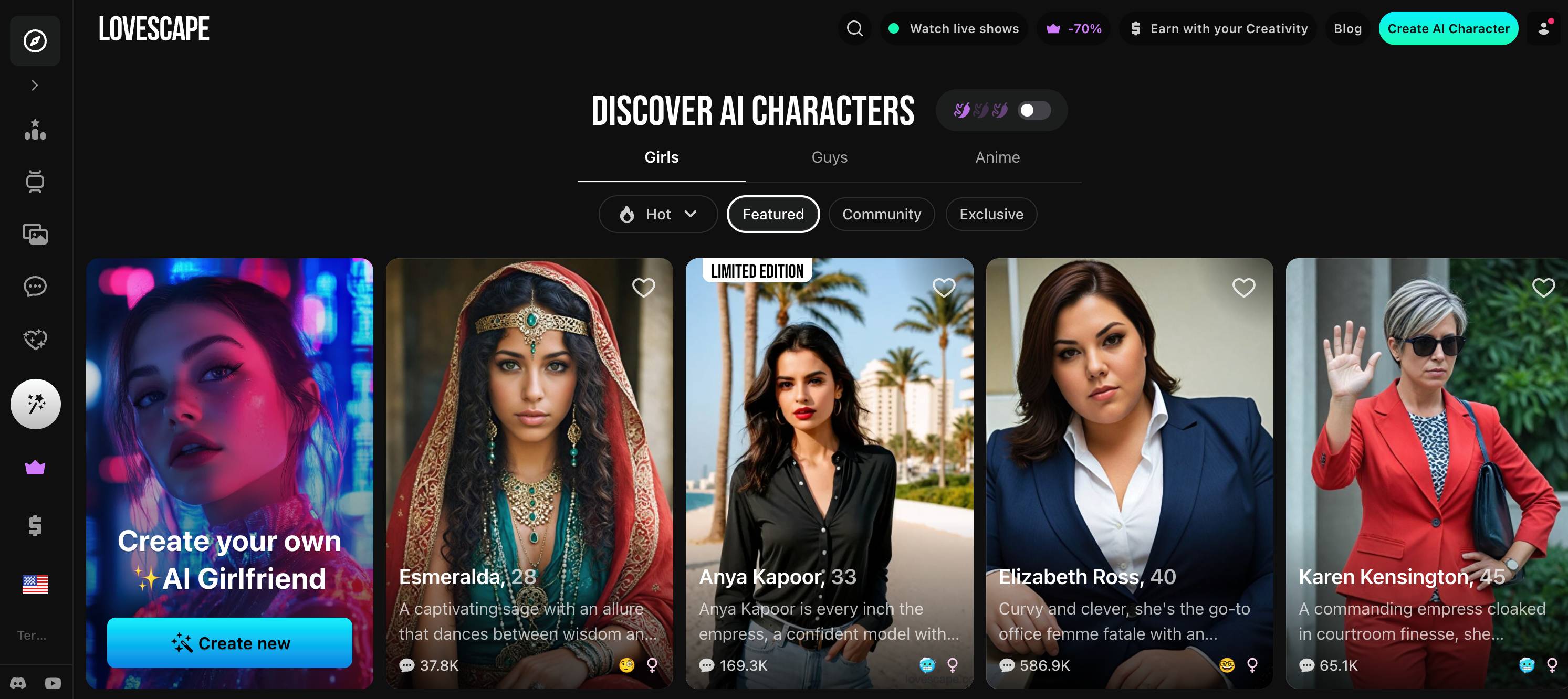 Lovescape AI characters and interface